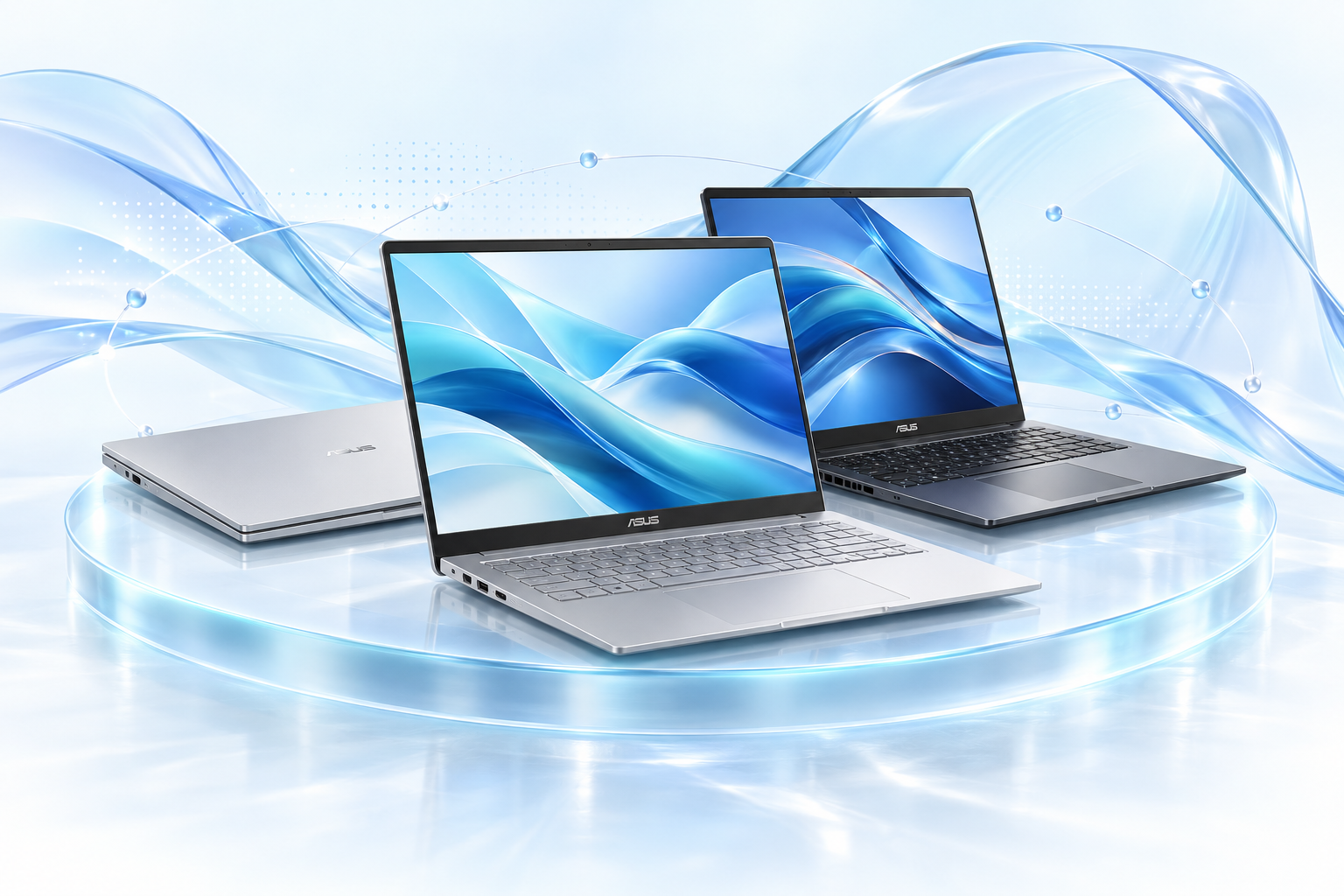 ASUS technology products on an illuminated glass podium
