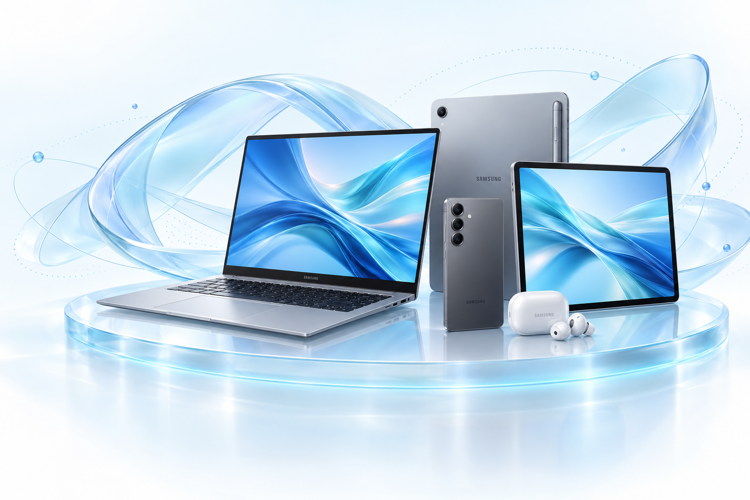 Samsung technology products on an illuminated glass podium