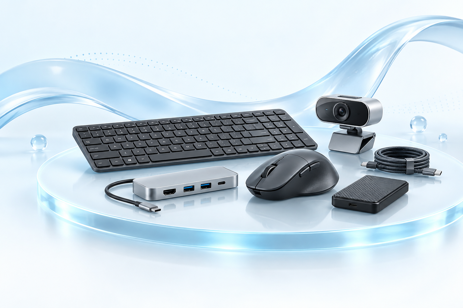 Computer accessories and peripherals on a glass podium