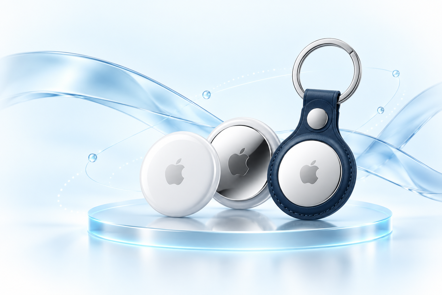 Apple AirTag on an illuminated glass podium