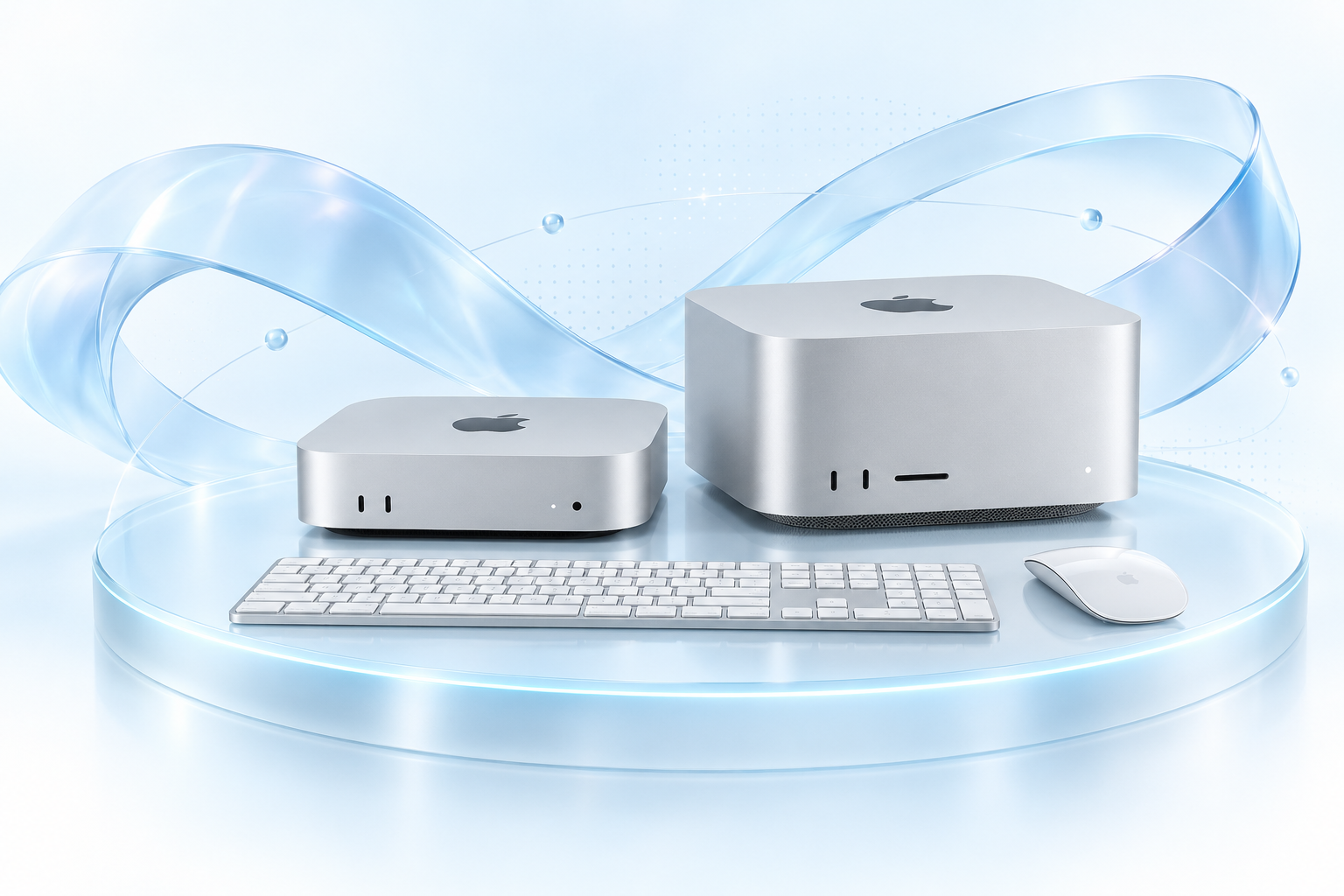 Apple Mac Desktop Products on an illuminated glass podium