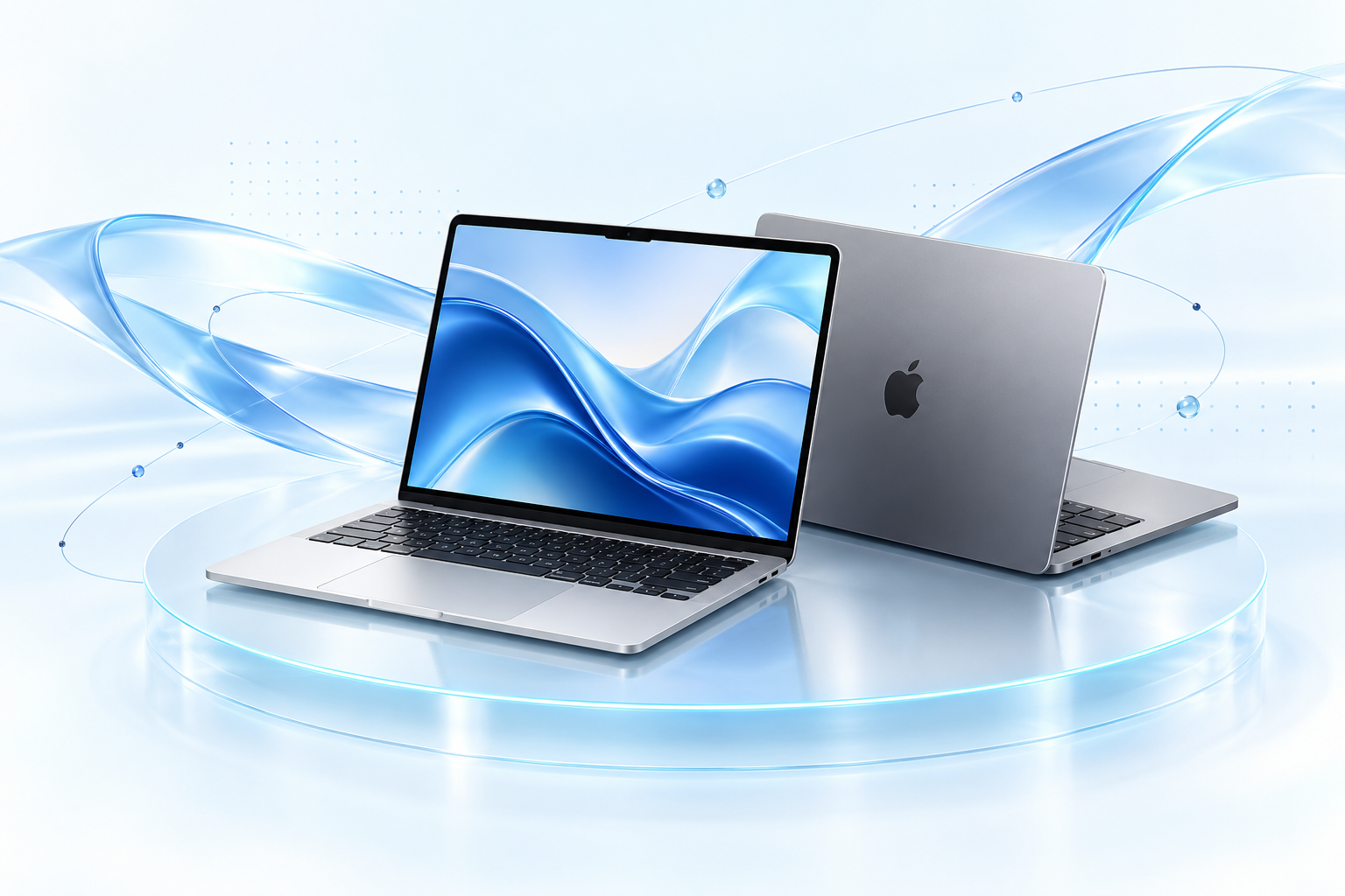 Apple MacBook Laptops on an illuminated glass podium