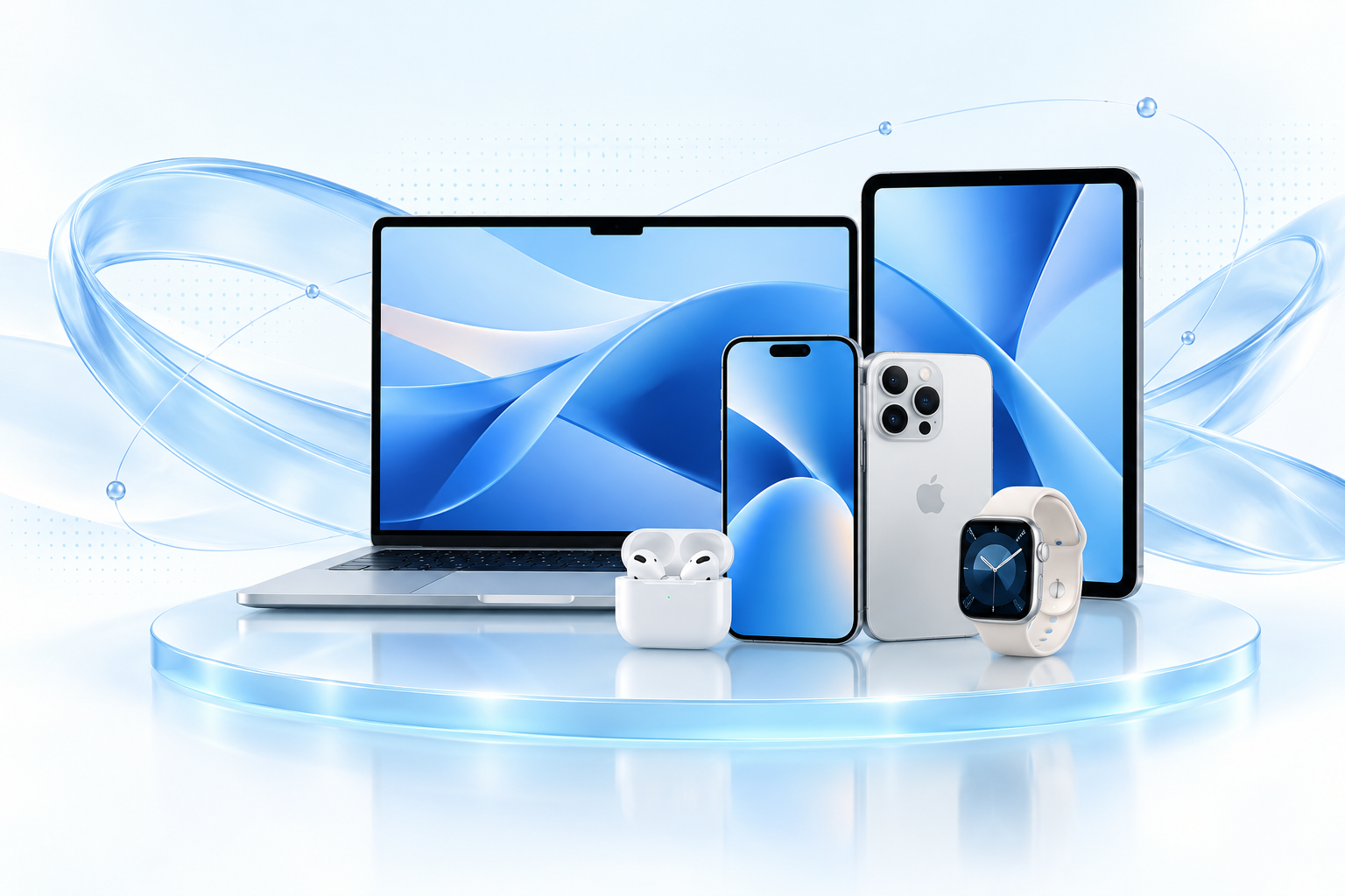 Apple Products and Accessories on an illuminated glass podium