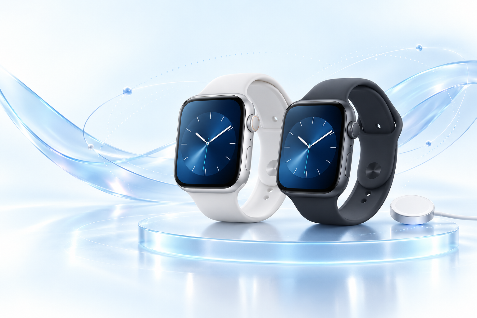 Apple Watch on an illuminated glass podium