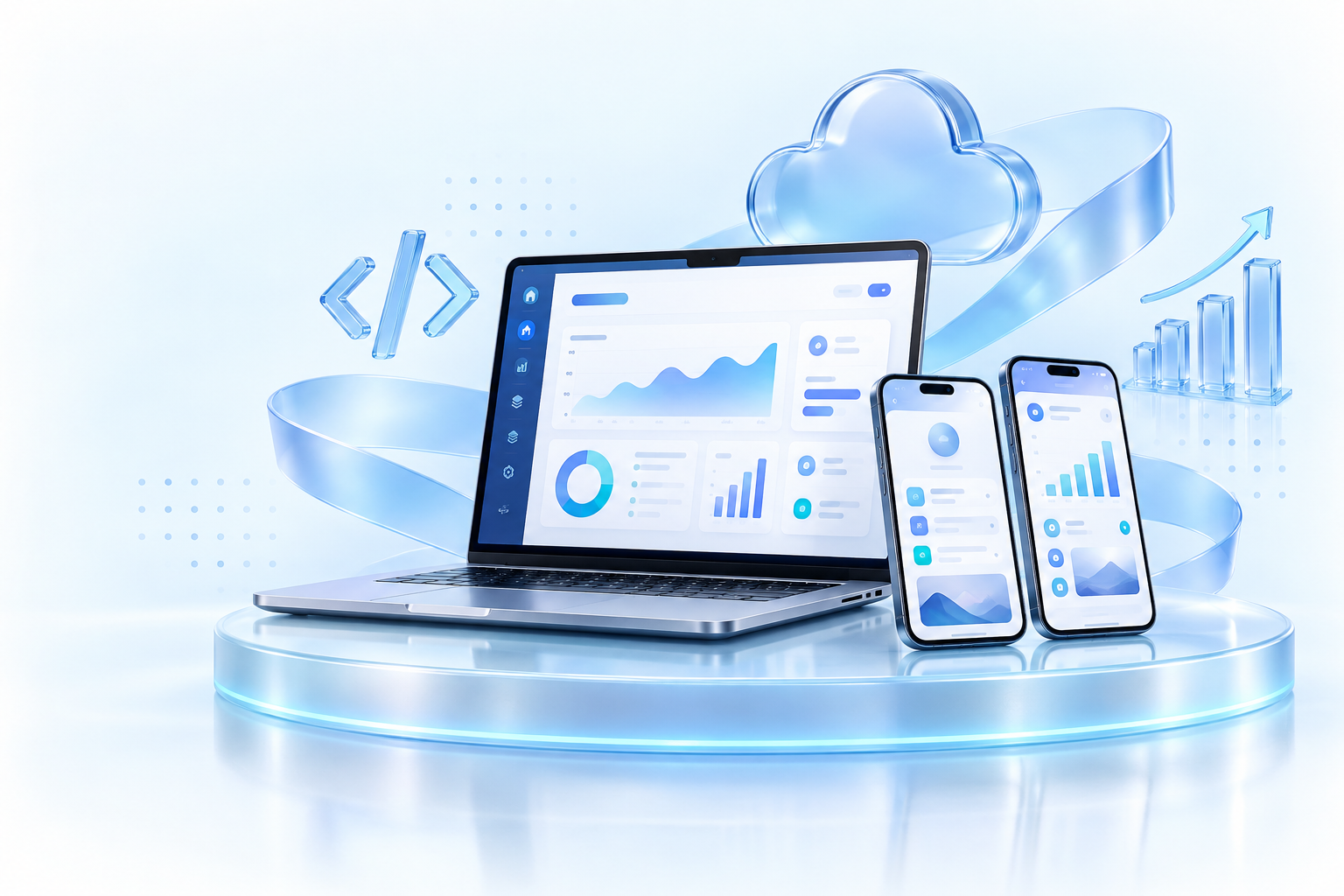 Digital technology services illustration on a glass podium