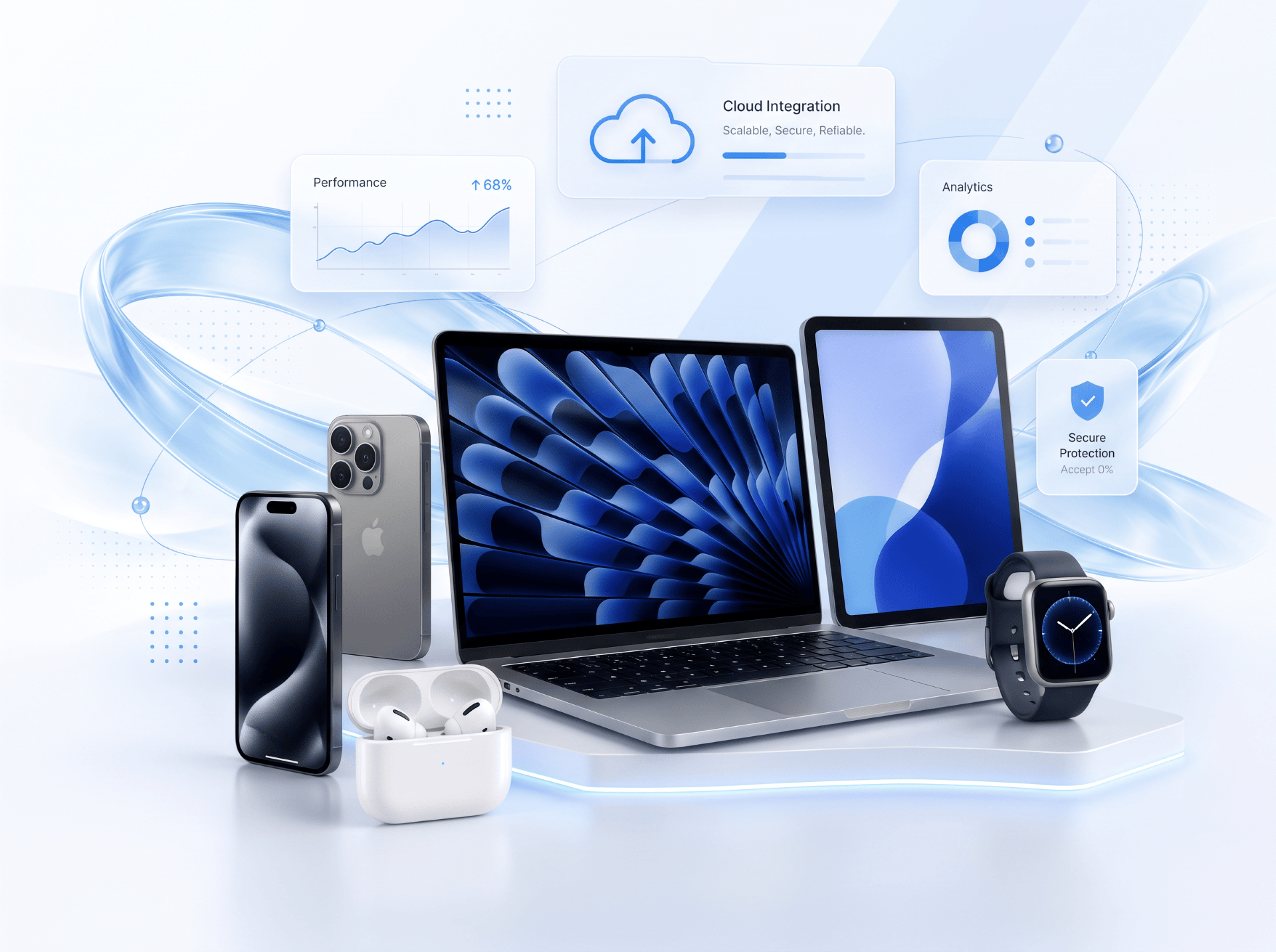 Apple devices with a blue glass ribbon and transparent glass podium